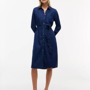 Denim Belted Shirtdress-Dark Wash
