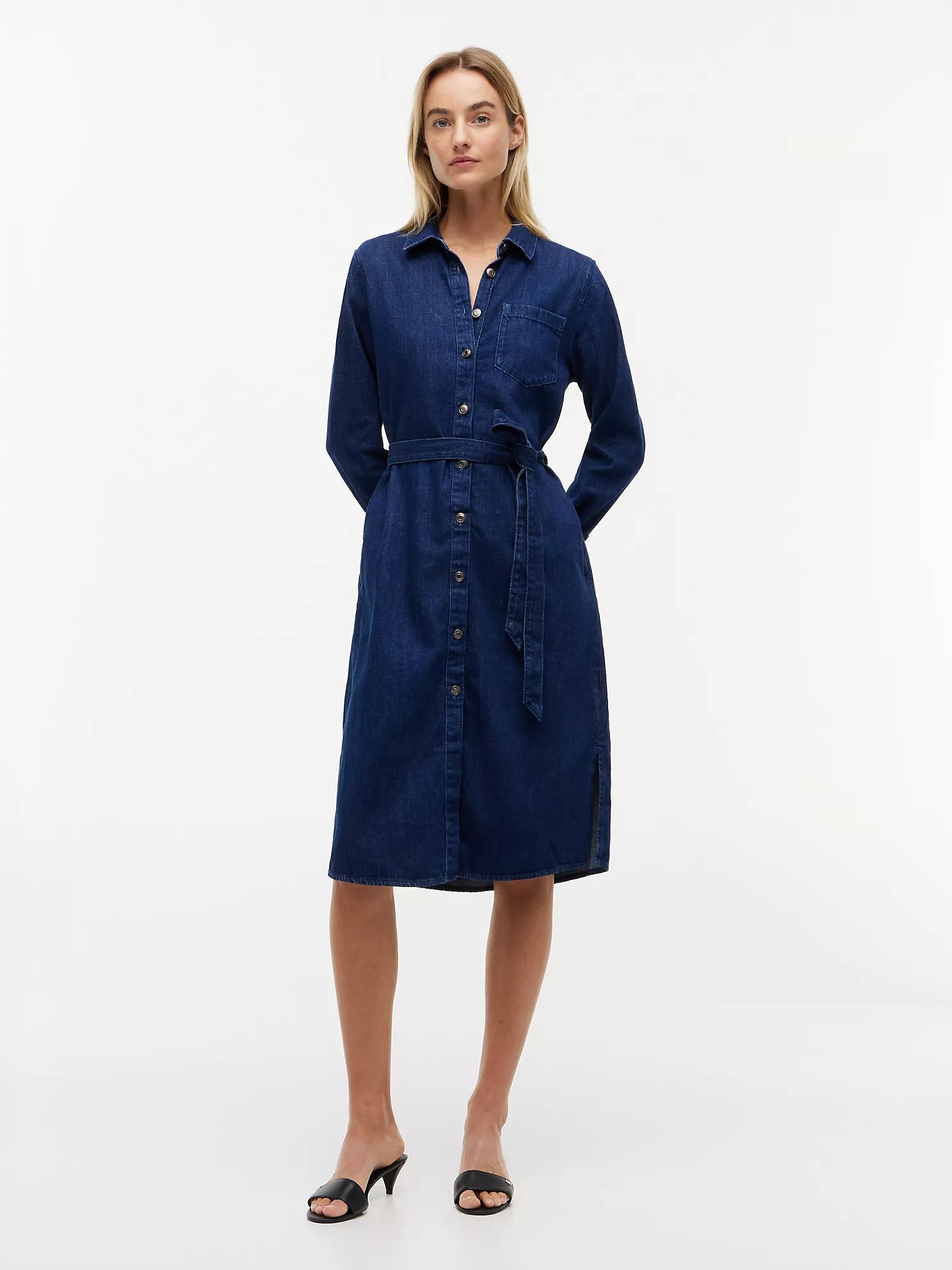Denim Belted Shirtdress-Dark Wash