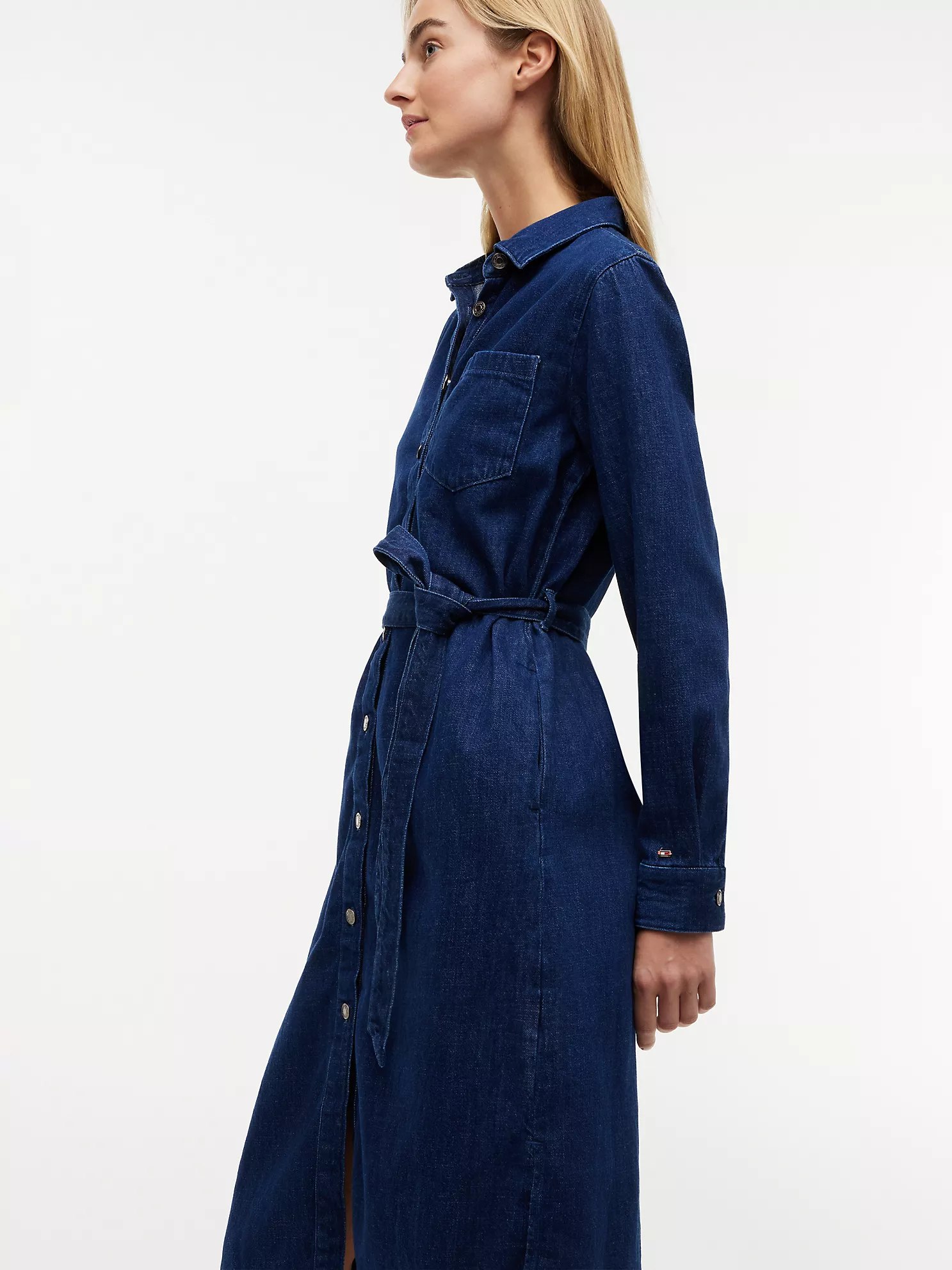 Denim Belted Shirtdress-Dark Wash - Image 3
