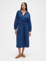 Tiered Denim Western Midi Dress-Medium Wash