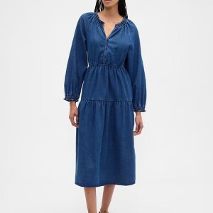 Tiered Denim Western Midi Dress-Medium Wash