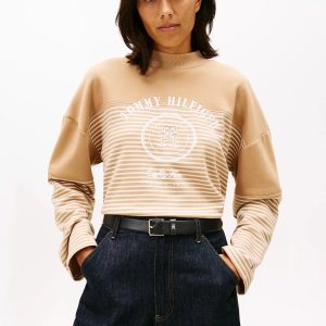 Nautical Stripe Cropped Sweatshirt-Iconic Camel