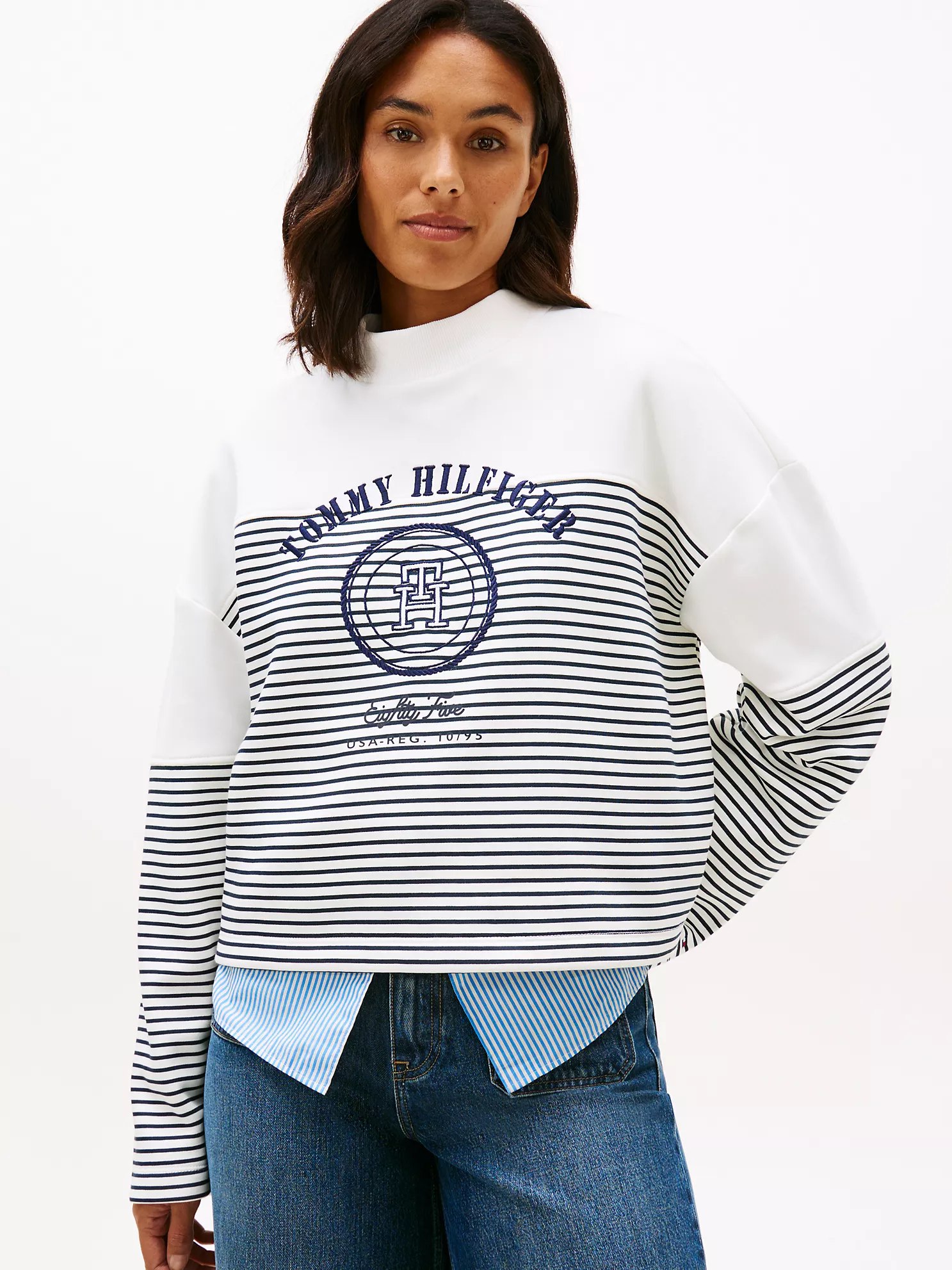 Nautical Stripe Cropped Sweatshirt-Ecru