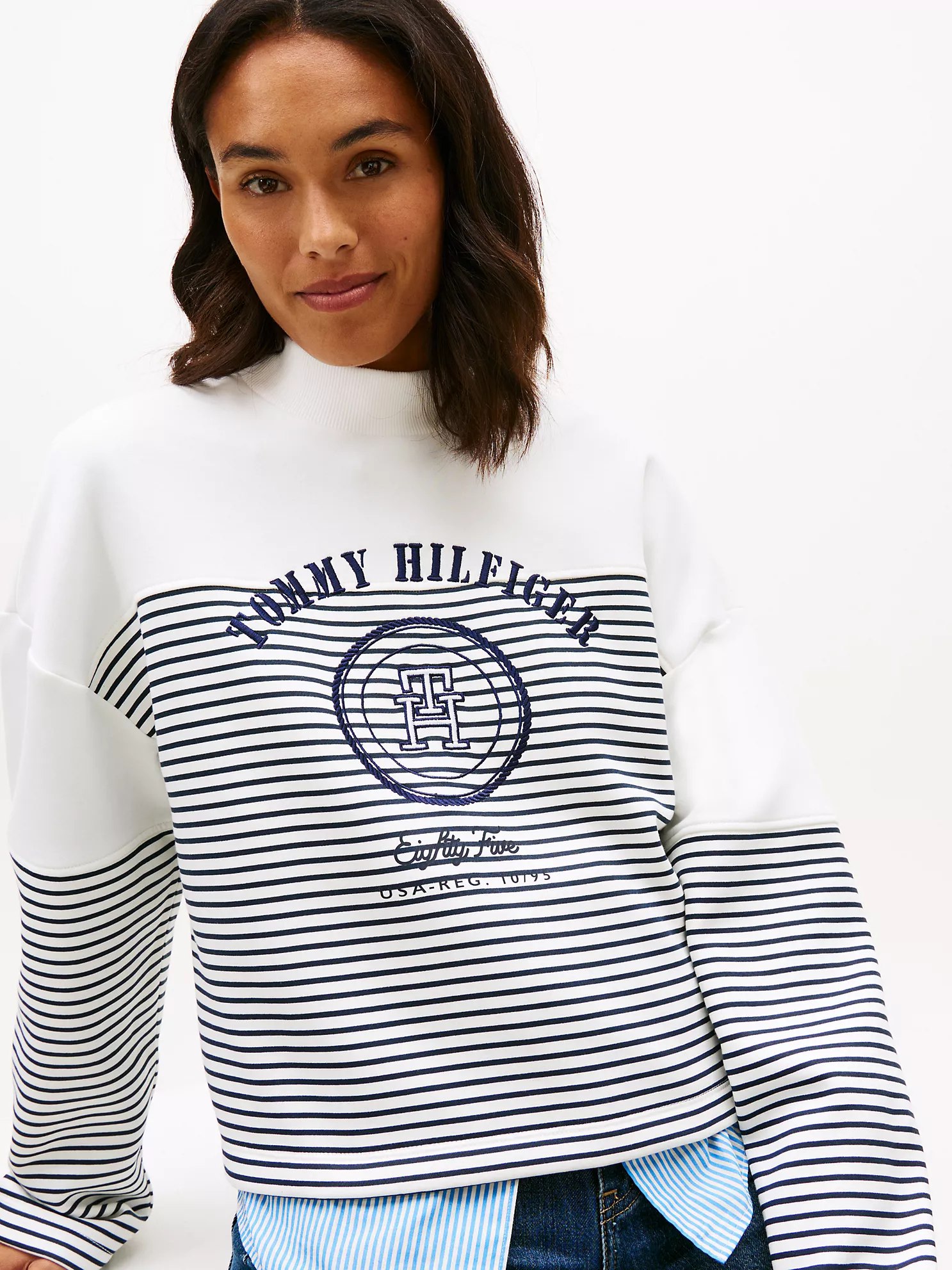Nautical Stripe Cropped Sweatshirt-Ecru - Image 3
