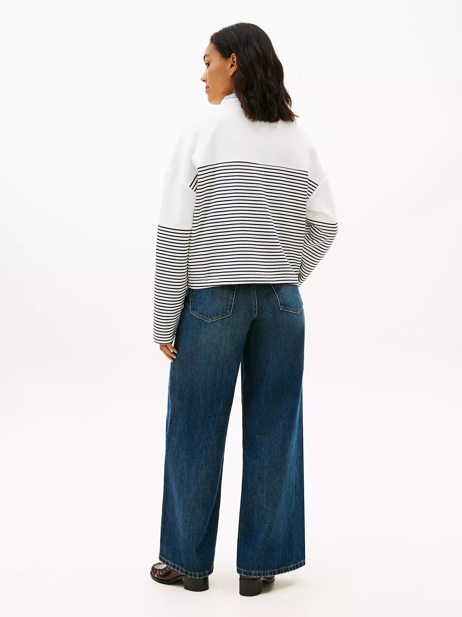 Nautical Stripe Cropped Sweatshirt-Ecru - Image 2