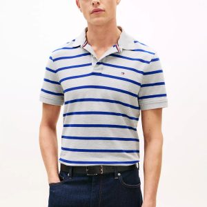 Regular Fit Stripe Wicking Polo-Grey Heather/Blue Stripe