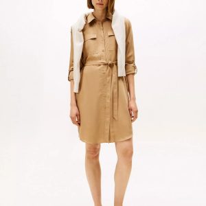 Long-Sleeve Belted Utility Shirtdress-Safari Canvas