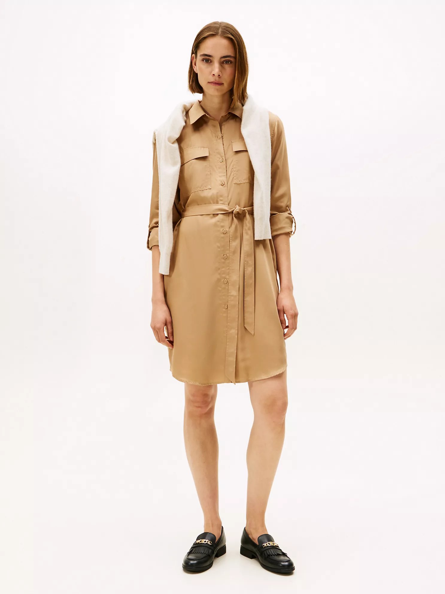 Long-Sleeve Belted Utility Shirtdress-Safari Canvas