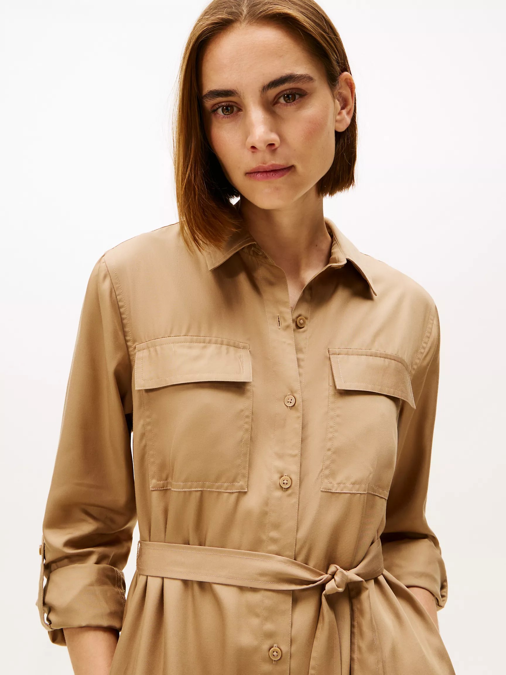 Long-Sleeve Belted Utility Shirtdress-Safari Canvas - Image 3