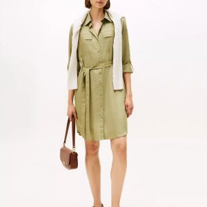 Long-Sleeve Belted Utility Shirtdress-Faded Olive