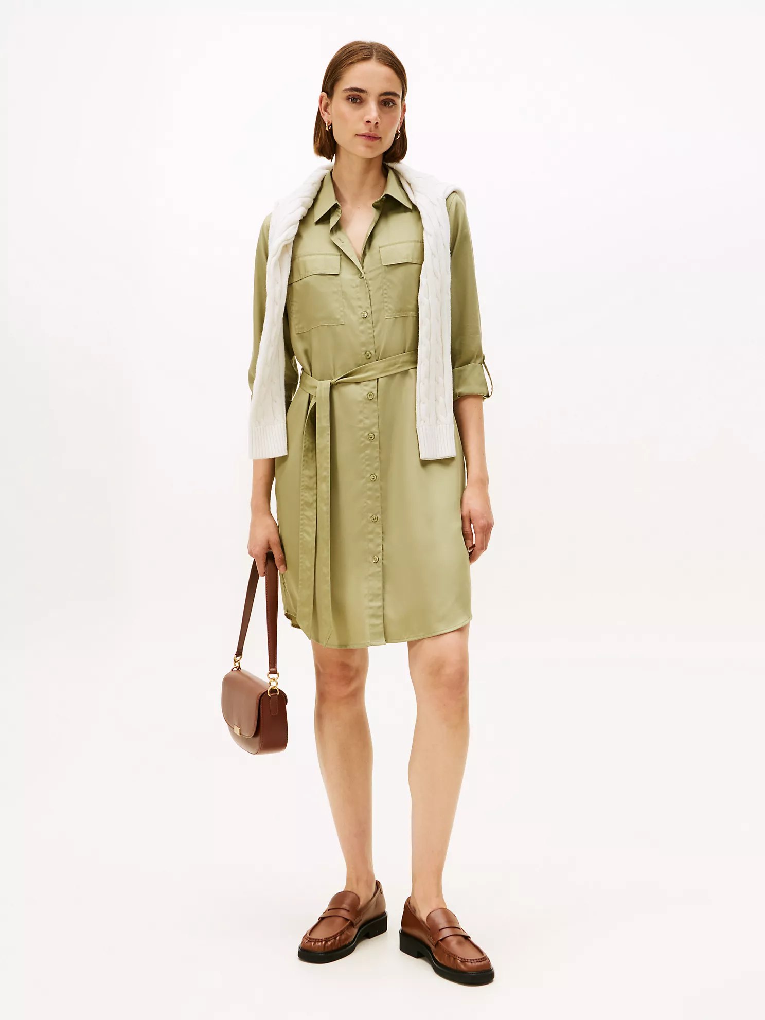 Long-Sleeve Belted Utility Shirtdress-Faded Olive