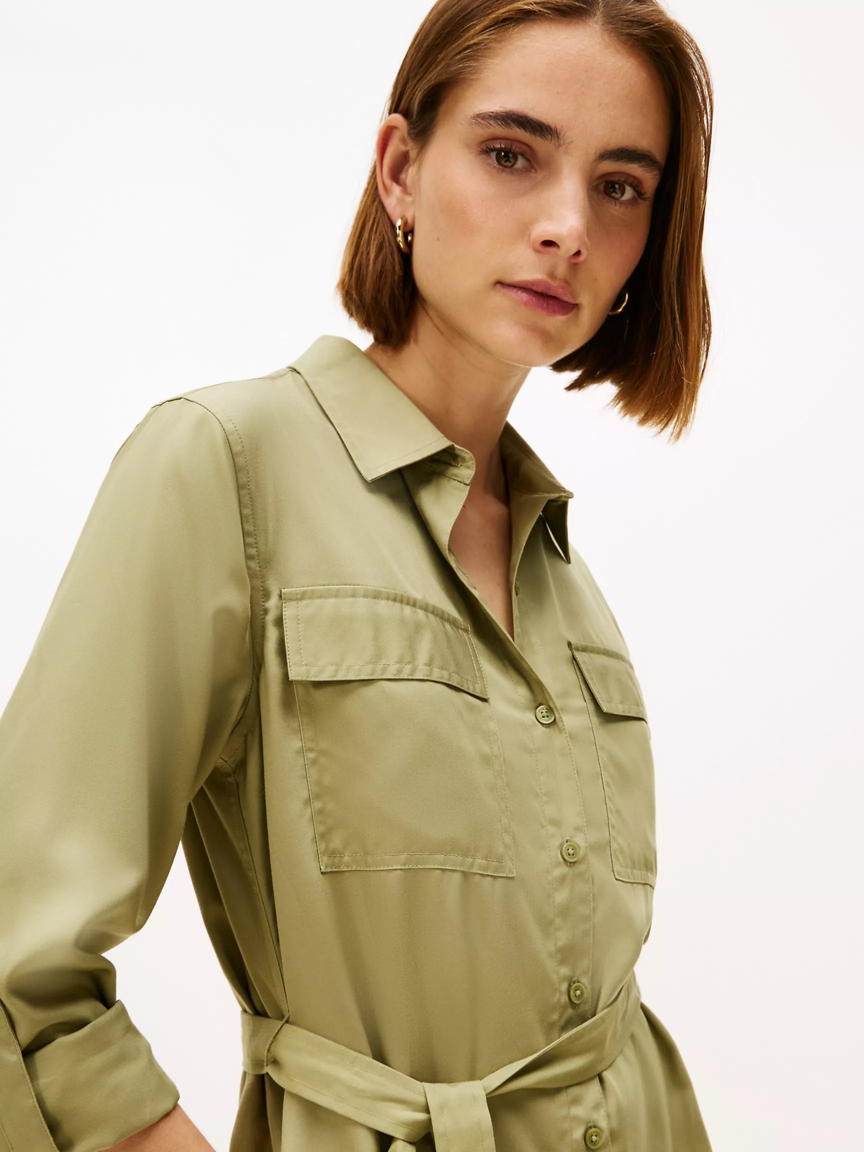 Long-Sleeve Belted Utility Shirtdress-Faded Olive - Image 2