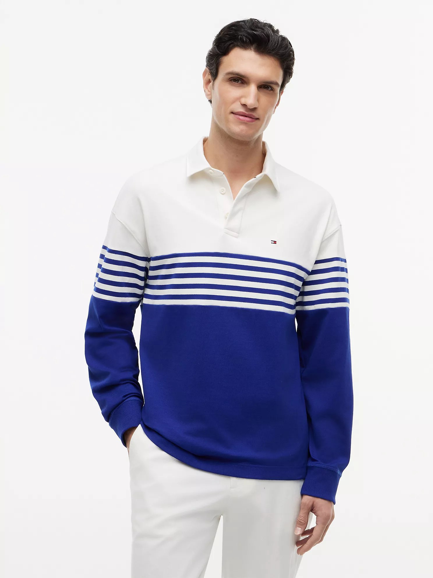 Relaxed Fit Long-Sleeve Colorblock Polo-Wedge Blue