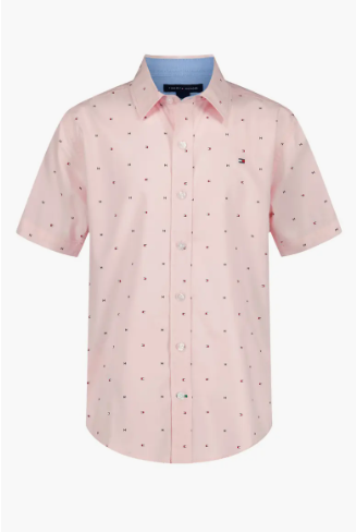 Tommy Hilfiger Kids' Flag Short Sleeve Button-Up Shirt-Icy Pink