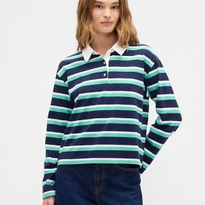 Oversized Stripe Rugby Polo Shirt-Navy Uniform