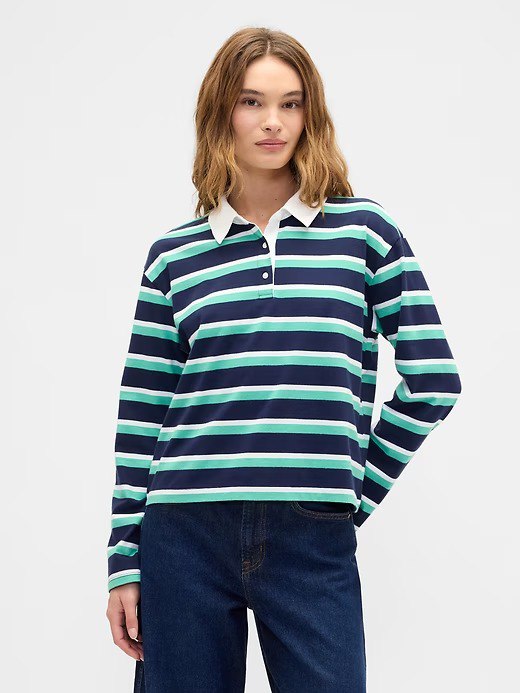 Oversized Stripe Rugby Polo Shirt-Navy Uniform