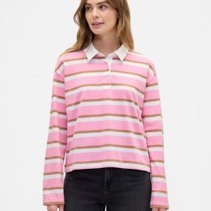 Oversized Stripe Rugby Polo Shirt-May Pink