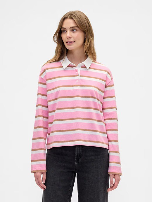 Oversized Stripe Rugby Polo Shirt-May Pink