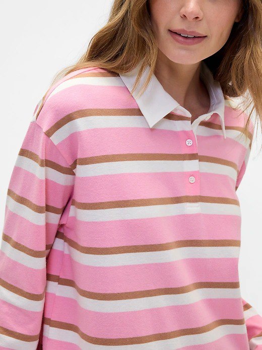 Oversized Stripe Rugby Polo Shirt-May Pink - Image 2