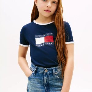 Kids' Wavy Flag Logo Ringer T-Shirt-Navy