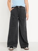 High-Waisted Pull-On Super Wide-Leg Cargo Jeans for Girls-Black Wash