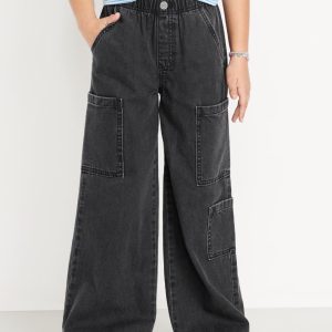 High-Waisted Pull-On Super Wide-Leg Cargo Jeans for Girls-Black Wash