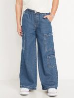 High-Waisted Pull-On Super Wide-Leg Cargo Jeans for Girls-Dark Wash