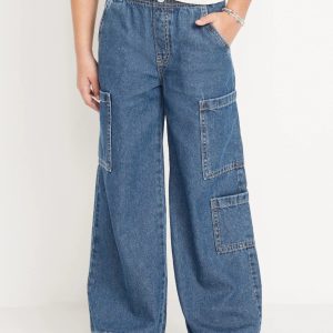 High-Waisted Pull-On Super Wide-Leg Cargo Jeans for Girls-Dark Wash