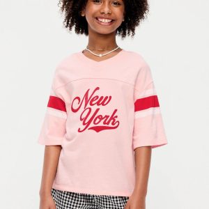 Oversized Football-Style T-Shirt for Girls-Pink Sky