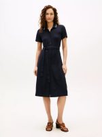 Belted Tipped Midi Polo Dress-Navy
