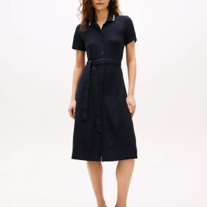 Belted Tipped Midi Polo Dress-Navy