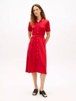 Belted Tipped Midi Polo Dress-Primary Red
