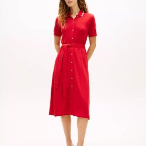 Belted Tipped Midi Polo Dress-Primary Red
