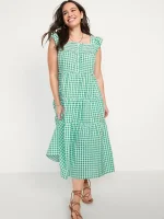 READYSTOCK Flutter-Sleeve Printed Tiered Smocked Midi Swing Dress for Women - Green Gingham (Match the Fam)