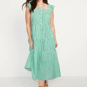 READYSTOCK Flutter-Sleeve Printed Tiered Smocked Midi Swing Dress for Women - Green Gingham (Match the Fam)