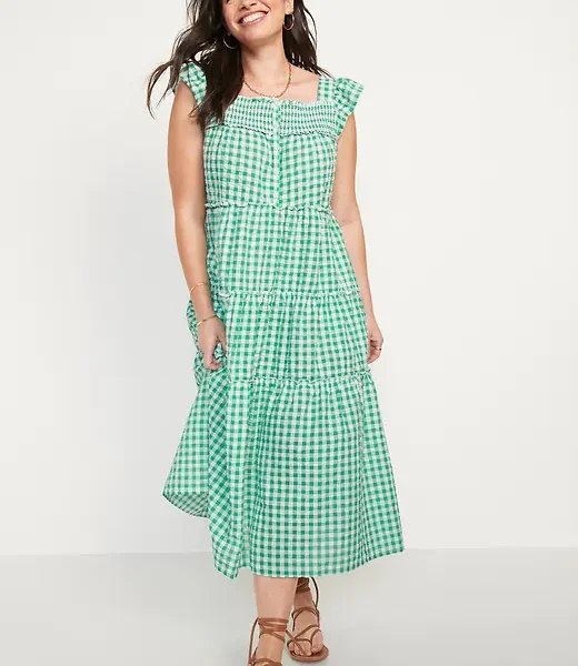 Flutter-Sleeve Printed Tiered Smocked Midi Swing Dress for Women – Green Gingham (Match the Fam)