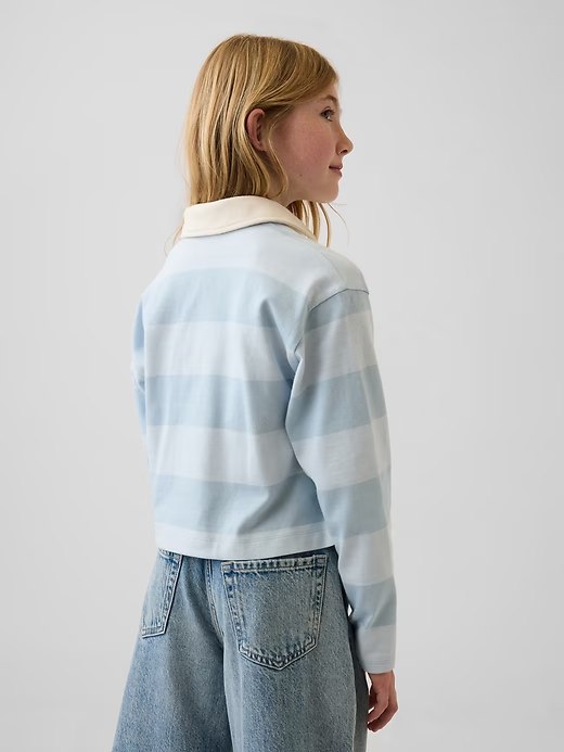Kids Oversized Rugby Stripe Polo Shirt-Blue Stripe - Image 3