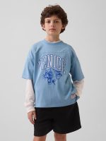 Kids Mesh Oversized Graphic Jersey T-Shirt-Blue Stone