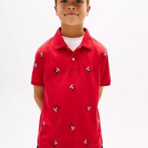 Kids' Allover Monogram Logo Stretch Polo-Primary Red