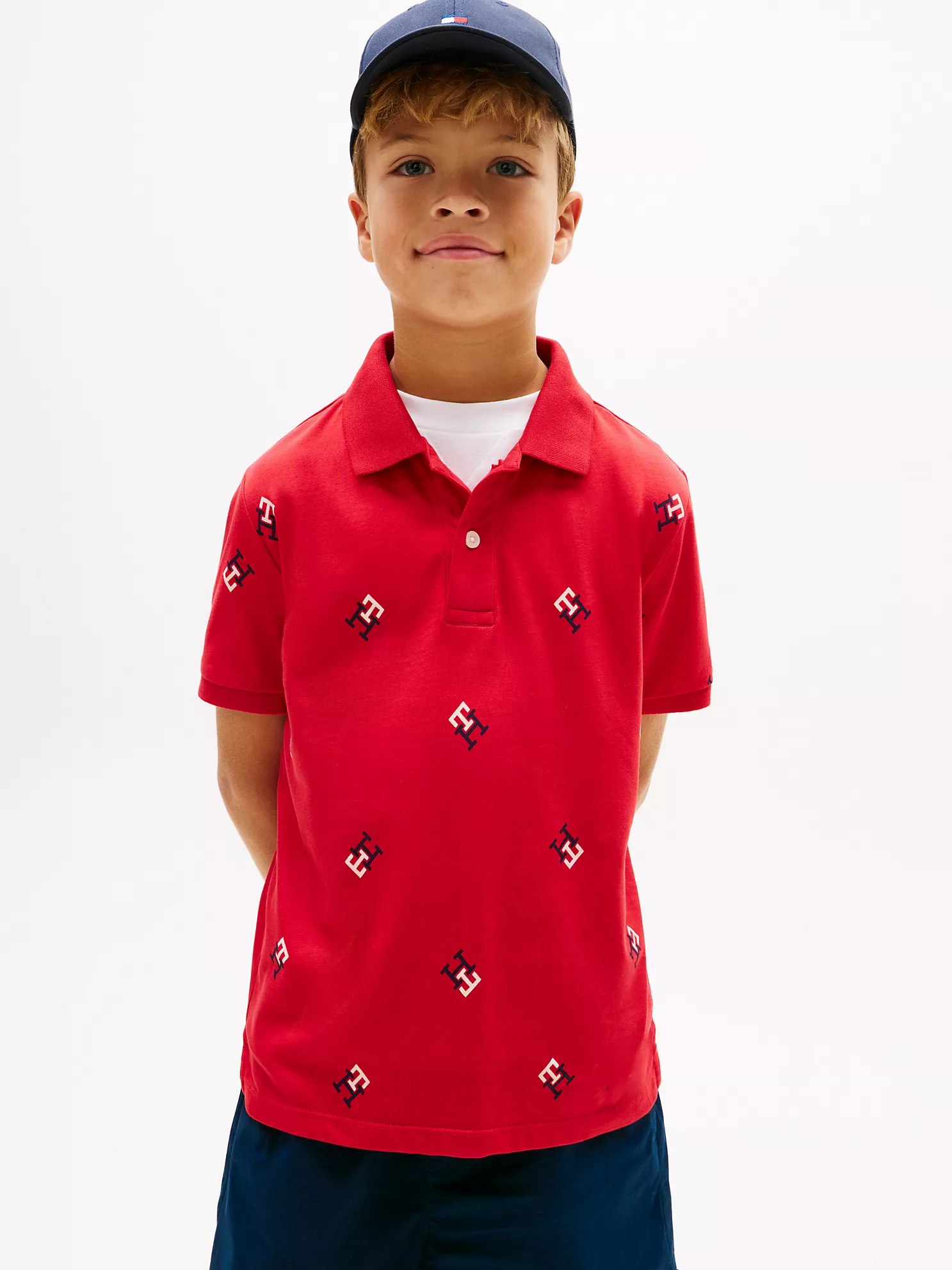 Kids' Allover Monogram Logo Stretch Polo-Primary Red