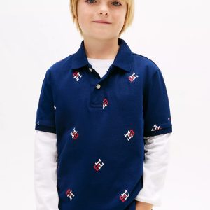 Kids' Allover Monogram Logo Stretch Polo-Carbon Navy