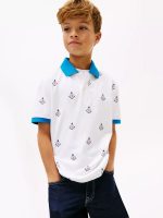 Kids' Allover Nautical Logo Stretch Polo-Optic White