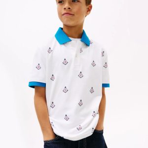 Kids' Allover Nautical Logo Stretch Polo-Optic White