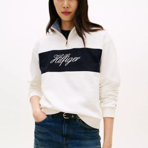 Brushed-Back Quarter-Zip Sweatshirt-Ivory Silk