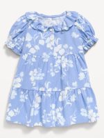 Printed Puff-Sleeve Tiered Swing Dress for Baby-Blue Floral