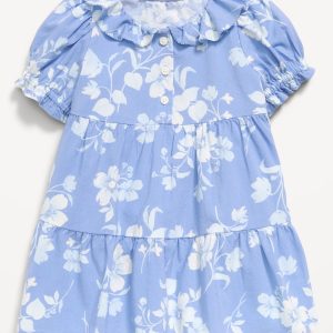 Printed Puff-Sleeve Tiered Swing Dress for Baby-Blue Floral