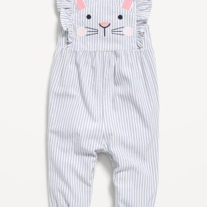 Sleeveless Ruffle-Trim One-Piece for Baby-White & Blue Stripe