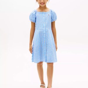 Kids' Gingham Puff-Sleeve Dress-Blue Spell