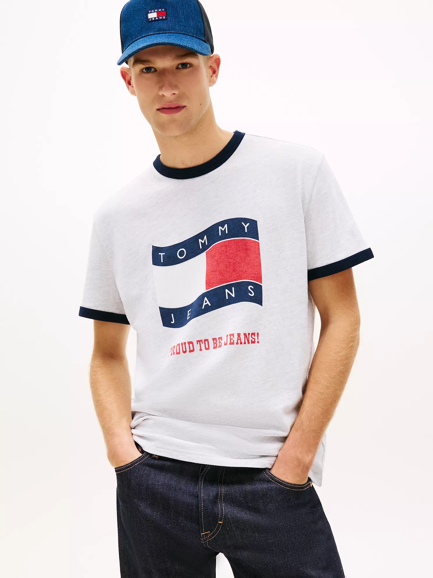 Tommy Jeans Wavy Flag Ringer T-Shirt-Ice Grey Heather