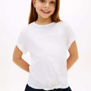 Kids' Hilfiger Logo Tie-Front T-Shirt-Optic White